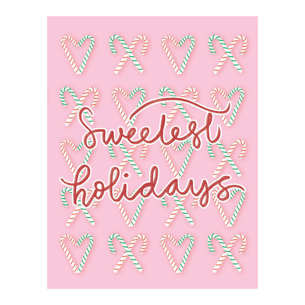 unique holiday cards with pink background. illustration of candy canes are shown on top of a greeting that says sweetest holidays