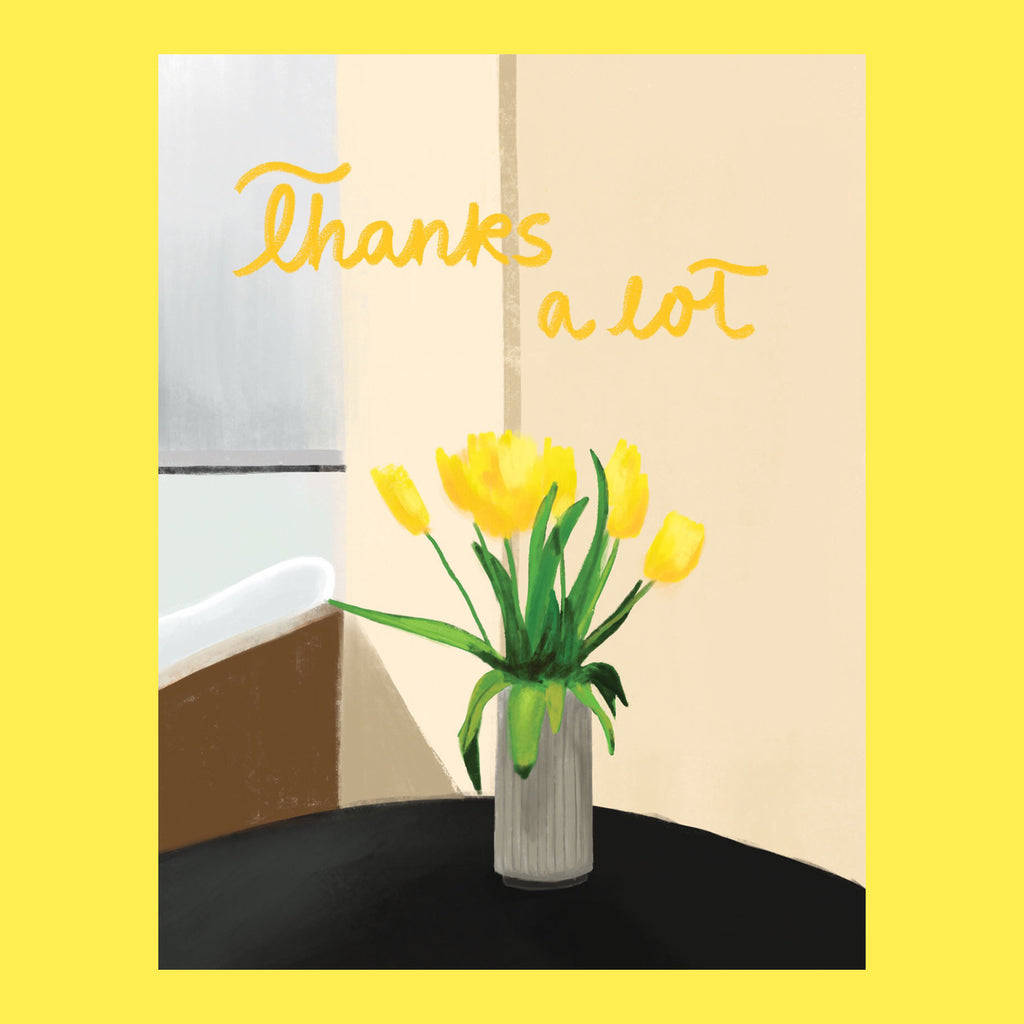 thank you greeting card yellow tulip digital illustration with greeting that says thanks alot