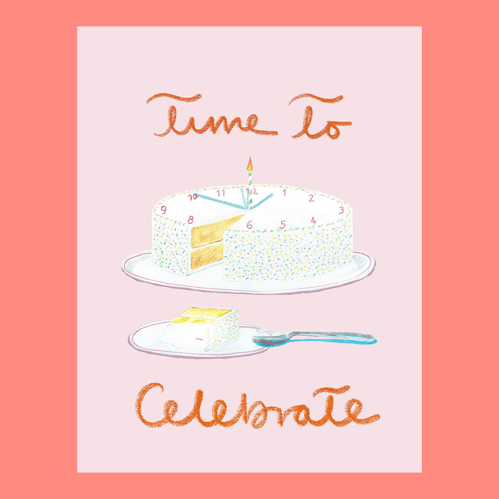 birthday greeting card with a drawing of a cake with a slice of cake out. The greeting says Time to celebrate