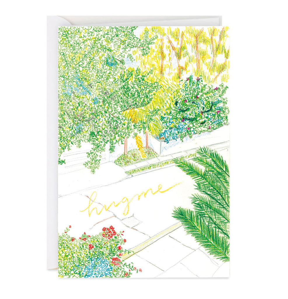 color pencil illustration of plants on a greeting card that says hug me