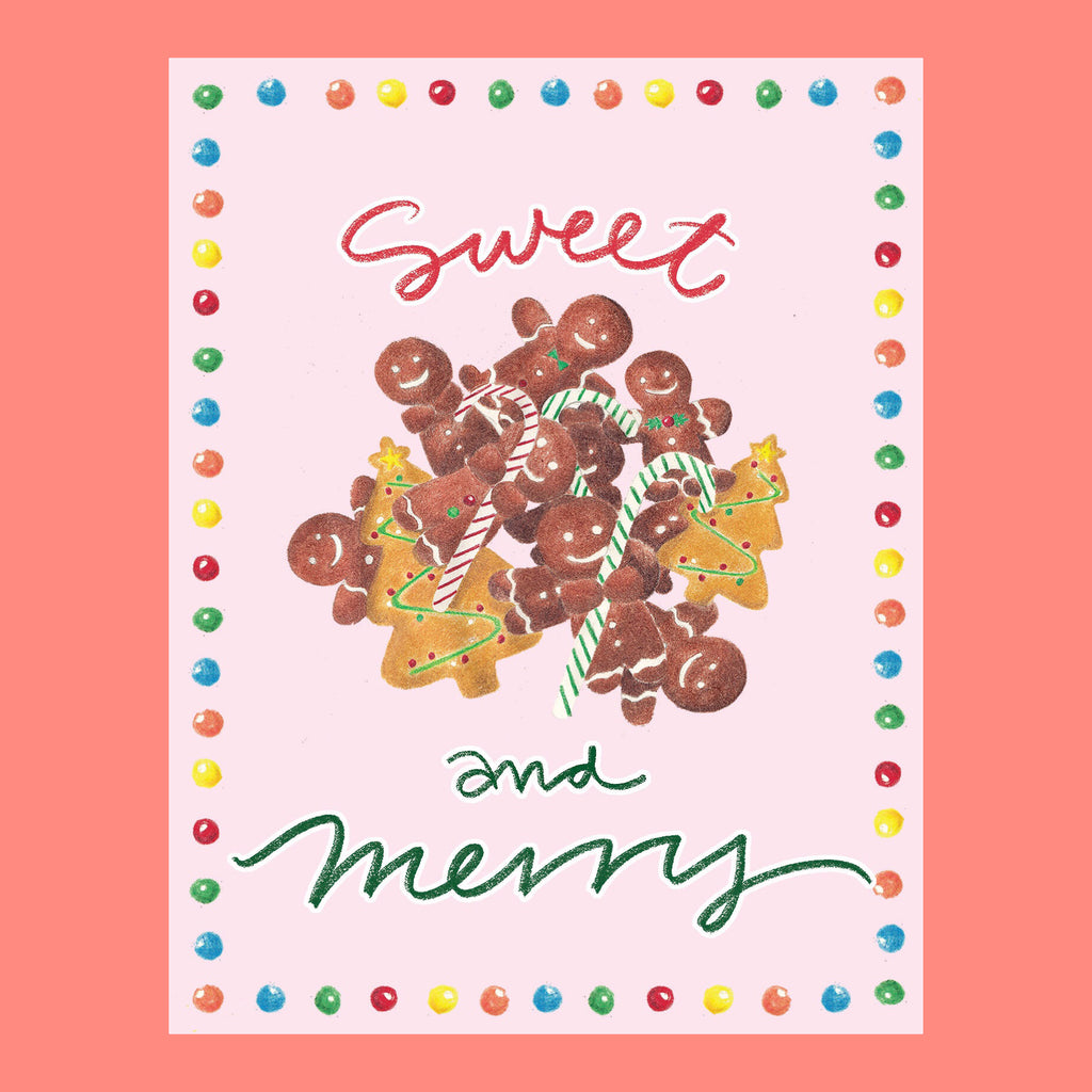 holidays greeting card with gingerbread cookies drawing. The greeting says sweet and merry