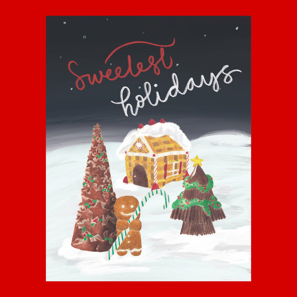 holidays card with gingerbread house and cookie as the illustration. Sweetest holidays greeting is written