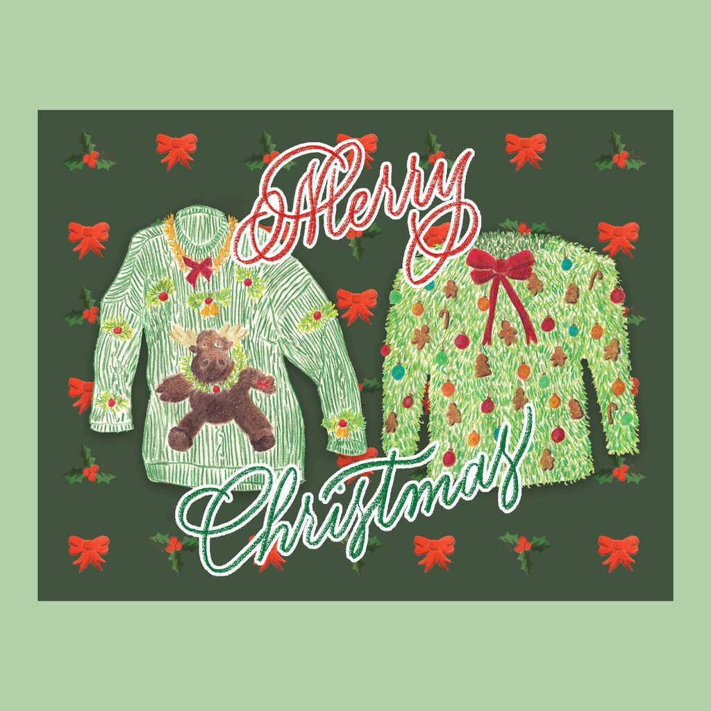 christmas greeting card with two ugly sweaters drawn on it. The greeting says Merry Christmas
