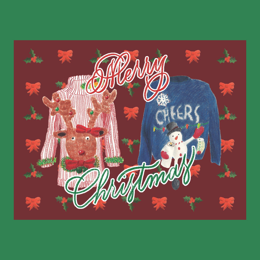 holidays greeting card with two ugly christmas sweater designs. The greeting says merry christmas