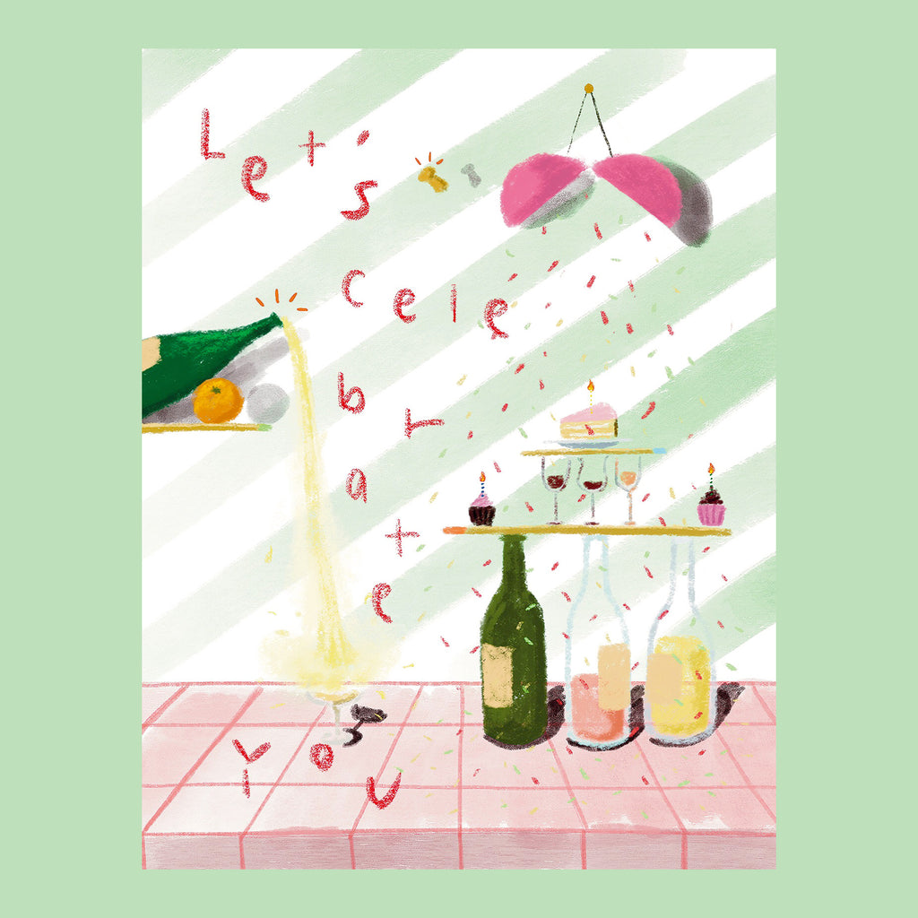birthday greeting card showing a rube goldberg contraption. The greeting says "let's celebrate you"