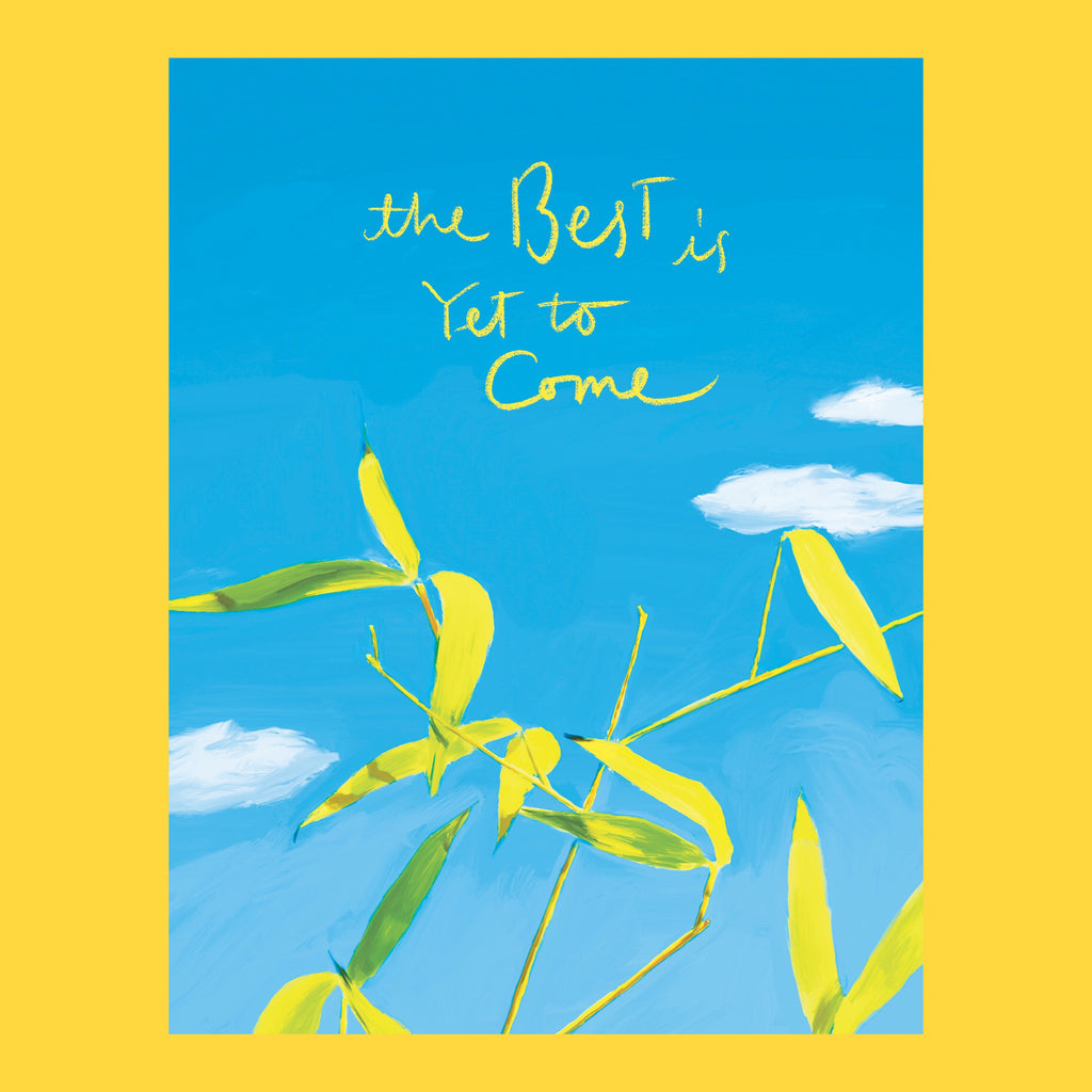 card of encouragement illustrated with big blue sky and grass blowing in the wind with a yellow background