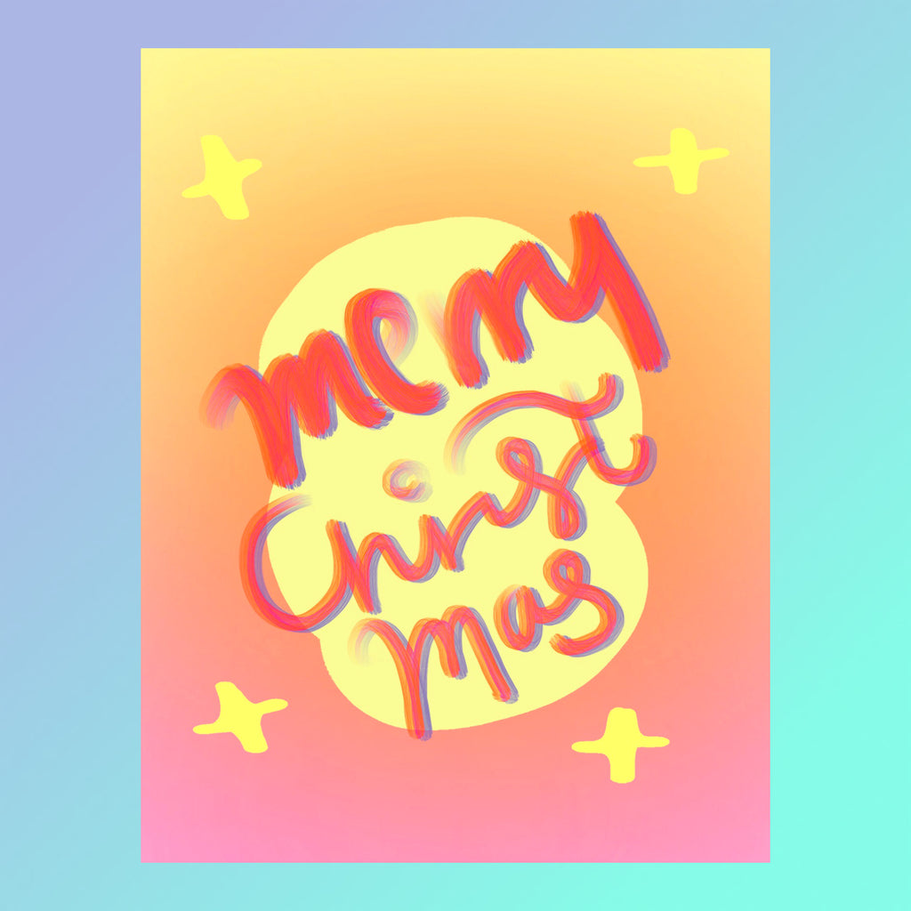 holidays card with a gradient background. The greeting says happy holidays in cursive in yellow