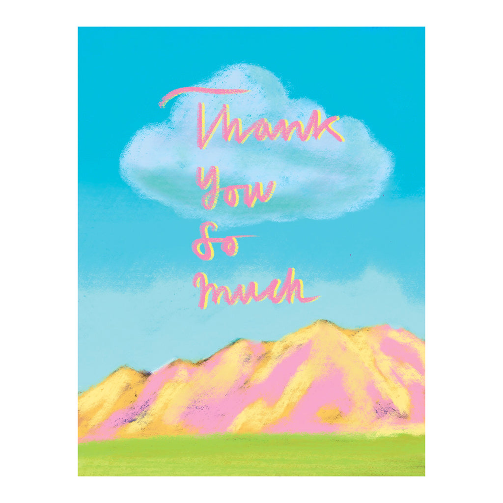 thank you greeting card with a very colorful mountain illustration with greeting that says thank you so much