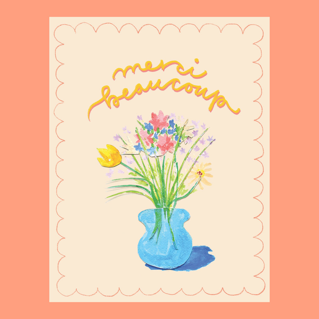 thank you greeting card with collaged image of flower vase and the greeting that says merci beaucoup
