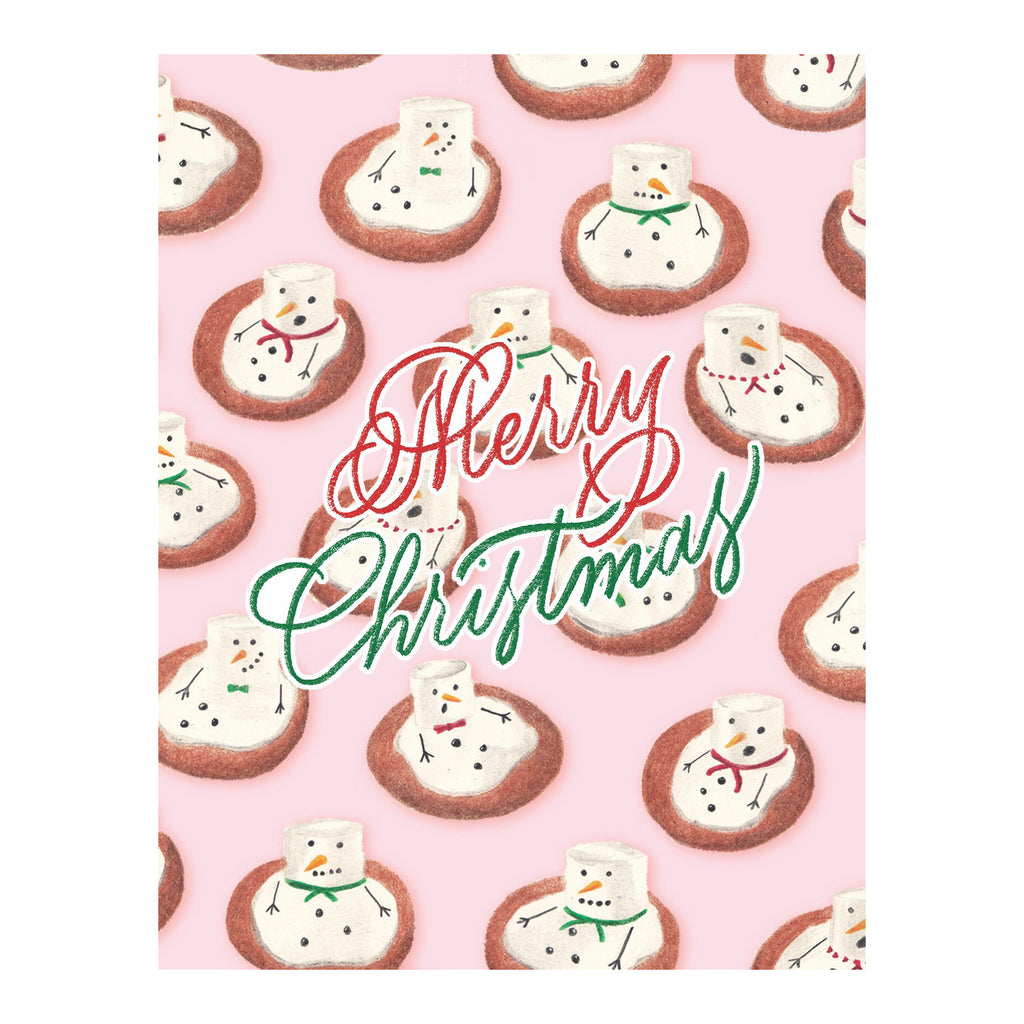marshmallow cookie pattern on top of a pink background with merry christmas greetings on top of it.