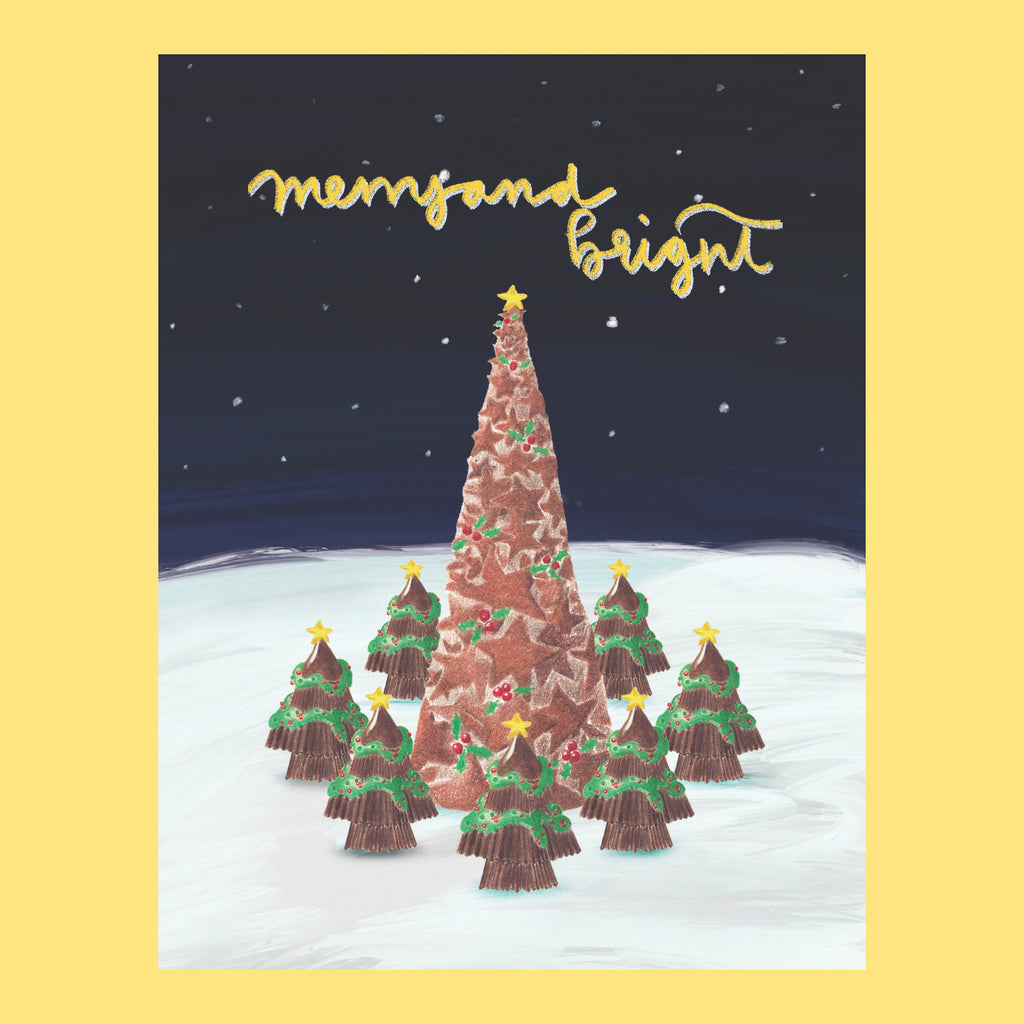 christmas greetings card with illustration of gingerbread cookie tree surrounded by mini trees made up of hershey's kisses and reese's peanut butter cup. The greeting says merry and bright